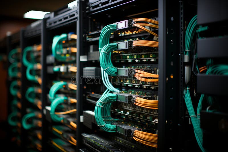 Network cables connected to server rack for efficient data connectivity in modern infrastructure stock photography