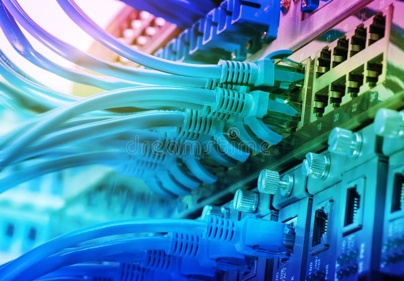 Network Cables and Hub Closeup with Fiber Optical Stock Photo Image