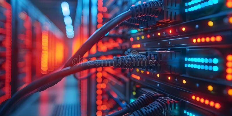 Network cables in server room with quantum computer development in progress. Concept Server Room stock illustration