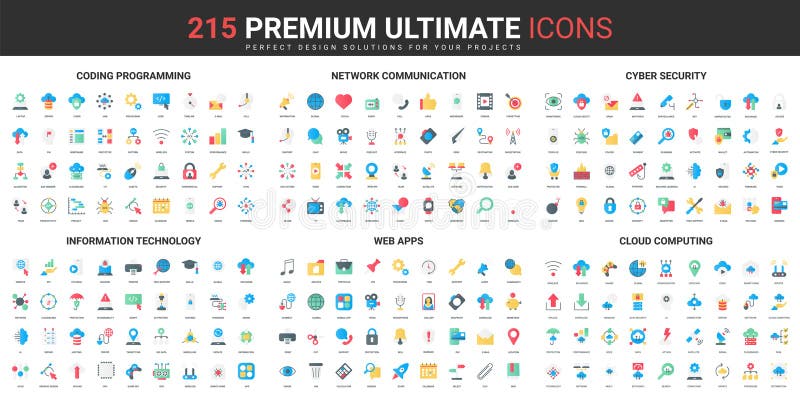 Network communication, cyber security color flat icons set, programming, cloud computing stock illustration