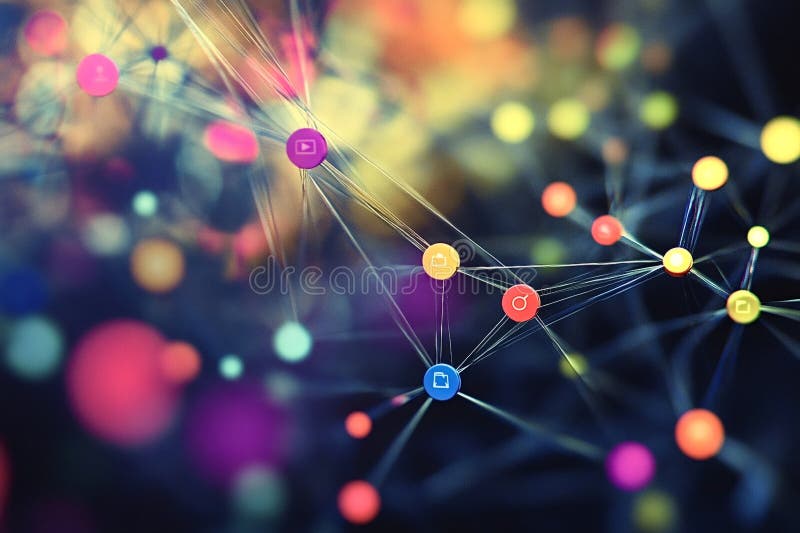 Network connecting file sharing, video streaming, and social media icons royalty free illustration