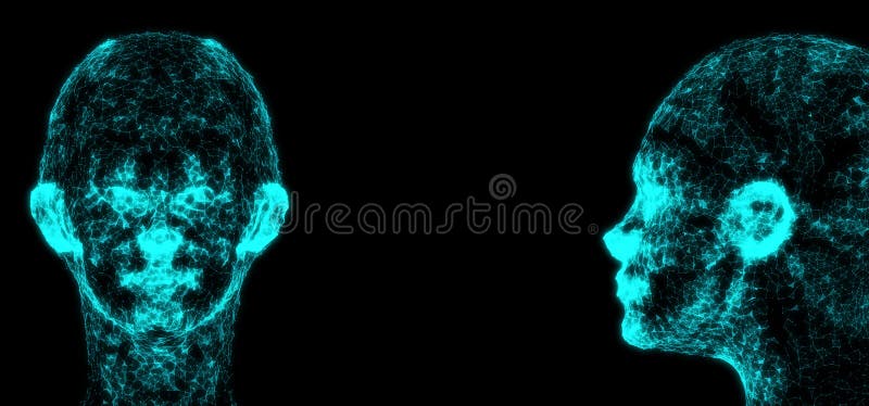 Network Connection Mesh of Human Head on Black Background Stock