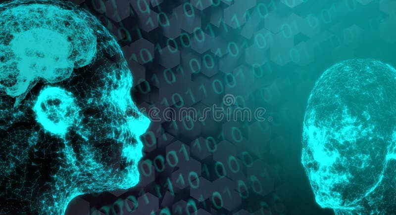 3D Rendering Of Abstract Network Connection Mesh Of Human Head With Brain On Binary Code. Coding mesh illustrations