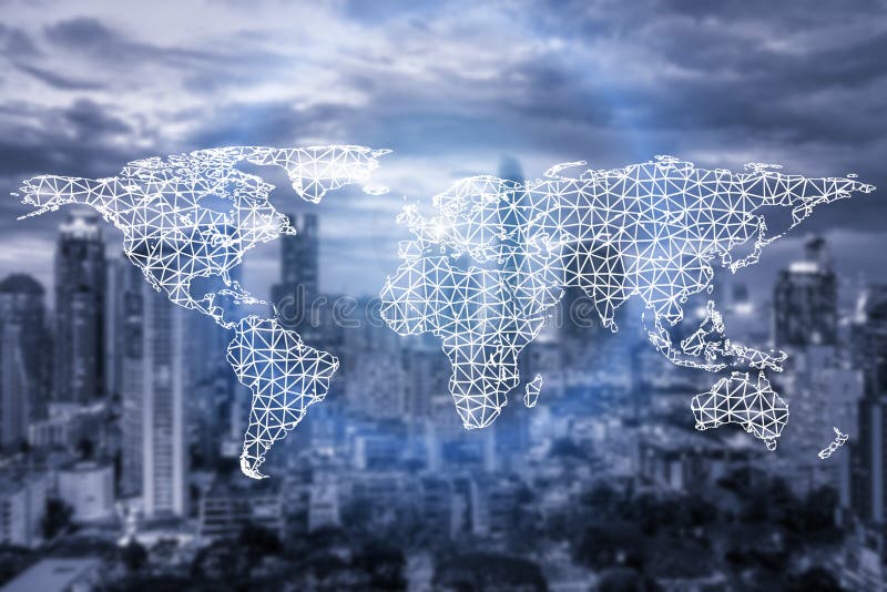 Network connection partnership and world map with city in background. Network connection technology concept (Elements of this image furnished by NASA). Global network connection map stock images, royalty-free photos and pictures