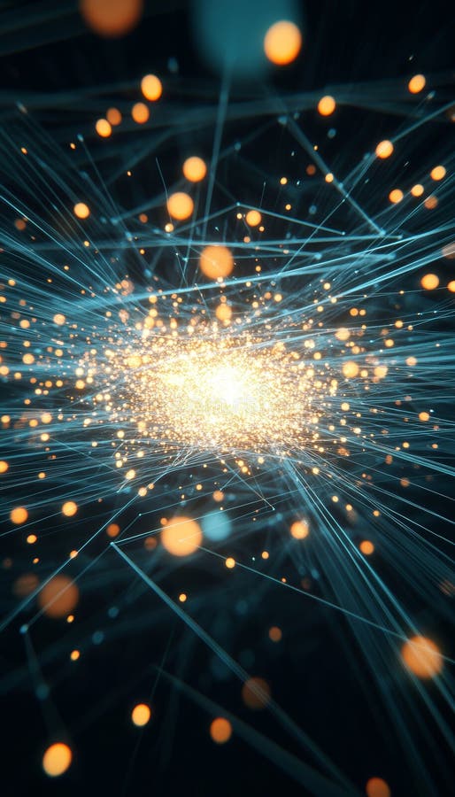 Network Convergence Abstract Vector Graphic of Light, Lines, and Spheres on a Dark Background vector illustration