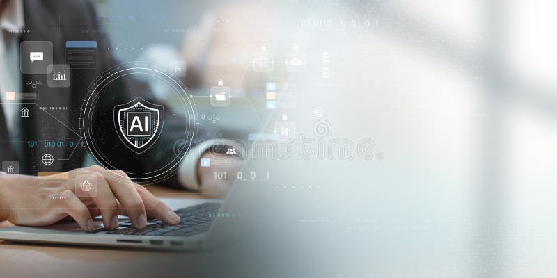 Network cybersecurity and privacy using artificial intelligence to safeguard data. AI technology is being used by a businessman to protect data management and information to cyberattacks. Shield artificial intelligence stock images, royalty-free photos and pictures