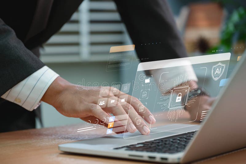 Network cybersecurity and privacy using artificial intelligence to safeguard data. AI technology is being used by a businessman to protect data management and information to cyberattacks. Shield artificial intelligence stock images, royalty-free photos and pictures