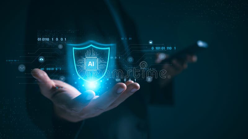 Network cybersecurity and privacy using artificial intelligence to safeguard data. AI technology is being used by a businessman to protect data management and information to cyberattacks. Shield artificial intelligence stock images, royalty-free photos and pictures