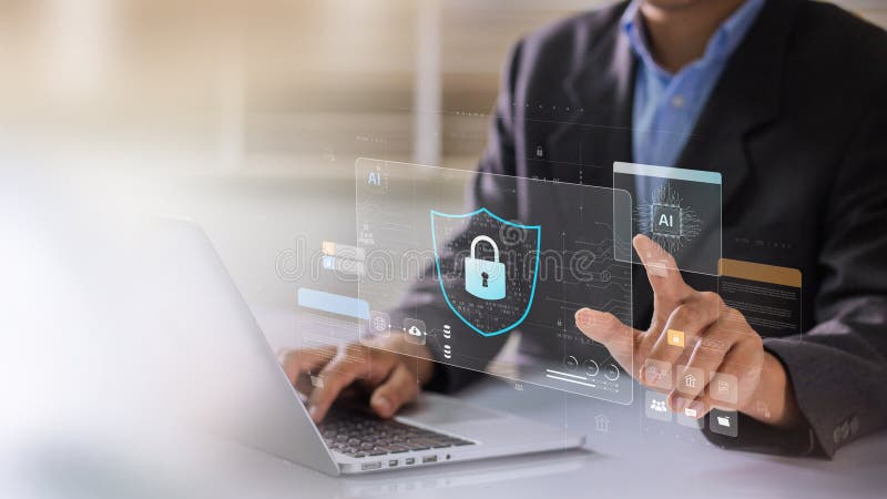 Network cybersecurity and privacy using artificial intelligence to safeguard data. AI technology is being used by a businessman to protect data management and information to cyberattacks. Shield artificial intelligence stock images, royalty-free photos and pictures