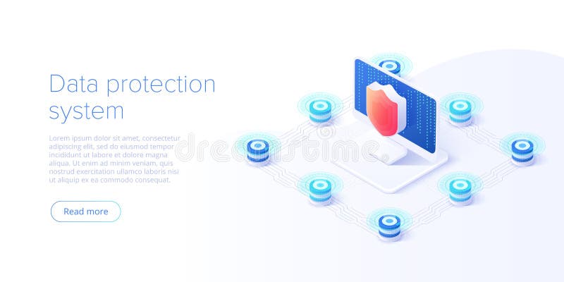 Network data security isometric vector illustration. Online server protection system concept with datacenter or blockchain. Secure stock illustration