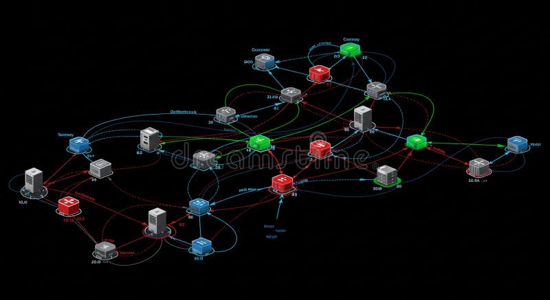 A network diagram on a black background shows interconnected nodes with various royalty free illustration