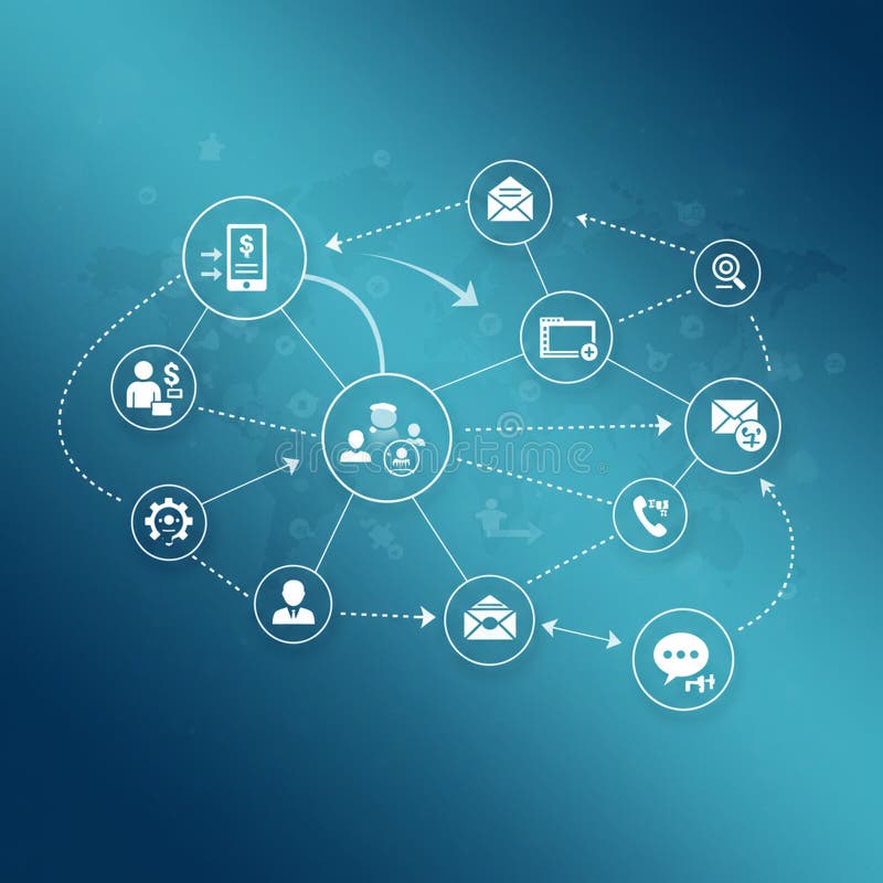 Network diagram on a blue gradient background illustrating various interconnected stock illustration