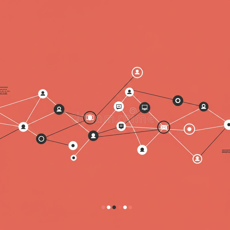 Network diagram on a coral background, featuring interconnected icons representing vector illustration