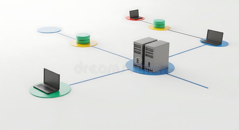 Network diagram depicting a central gray server connected to three laptops and stock illustration