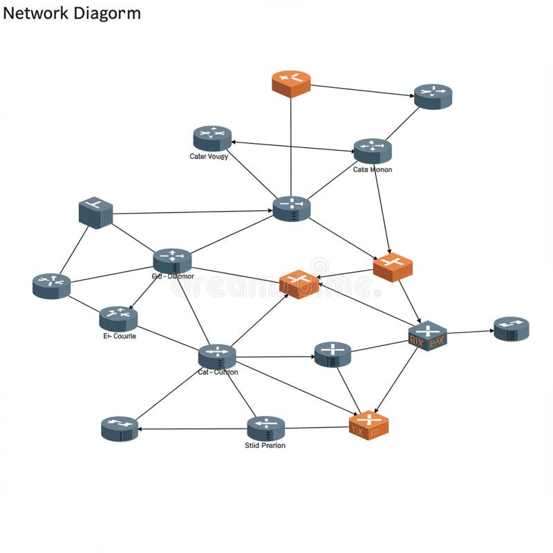 Network diagram displaying interconnected nodes represented by blue and orange stock illustration