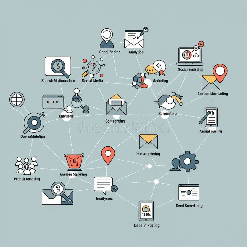 A network diagram displaying various interconnected icons and terms related to royalty free illustration