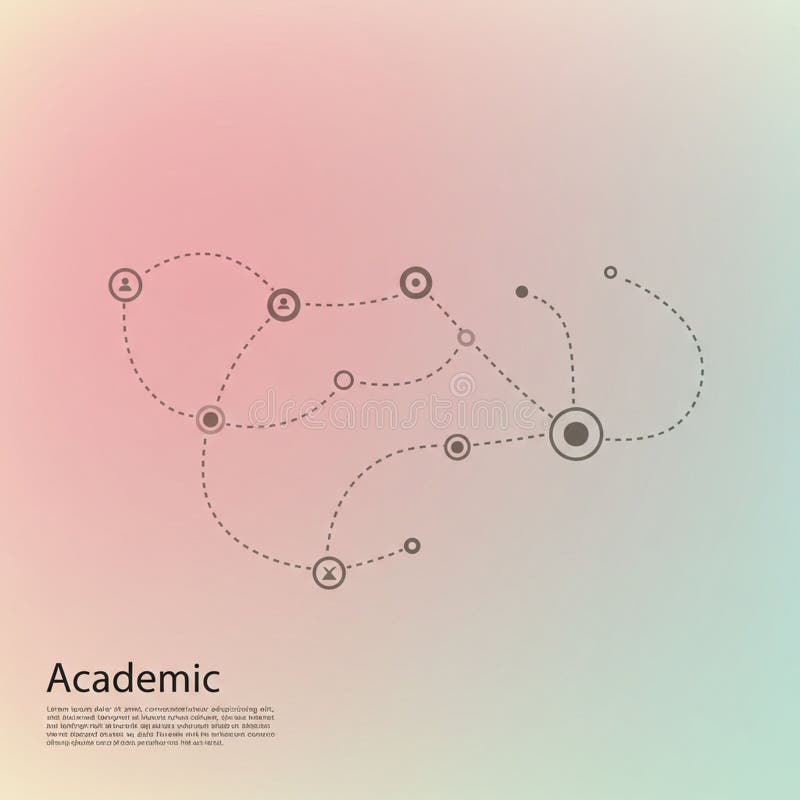 A network diagram features interconnected nodes represented by circles and icons stock illustration