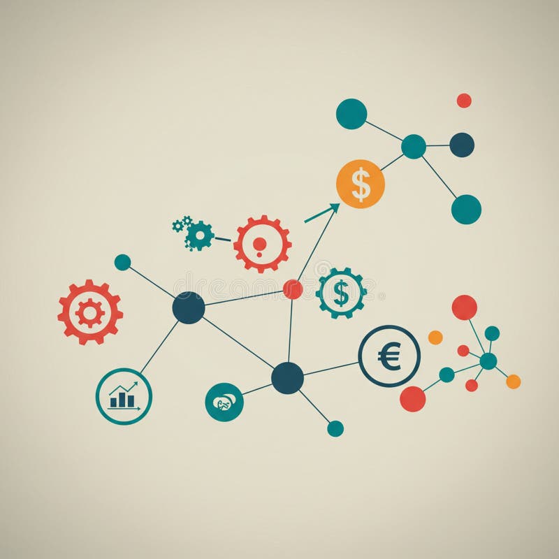 A network diagram features interconnected nodes represented by colored circles an vector illustration
