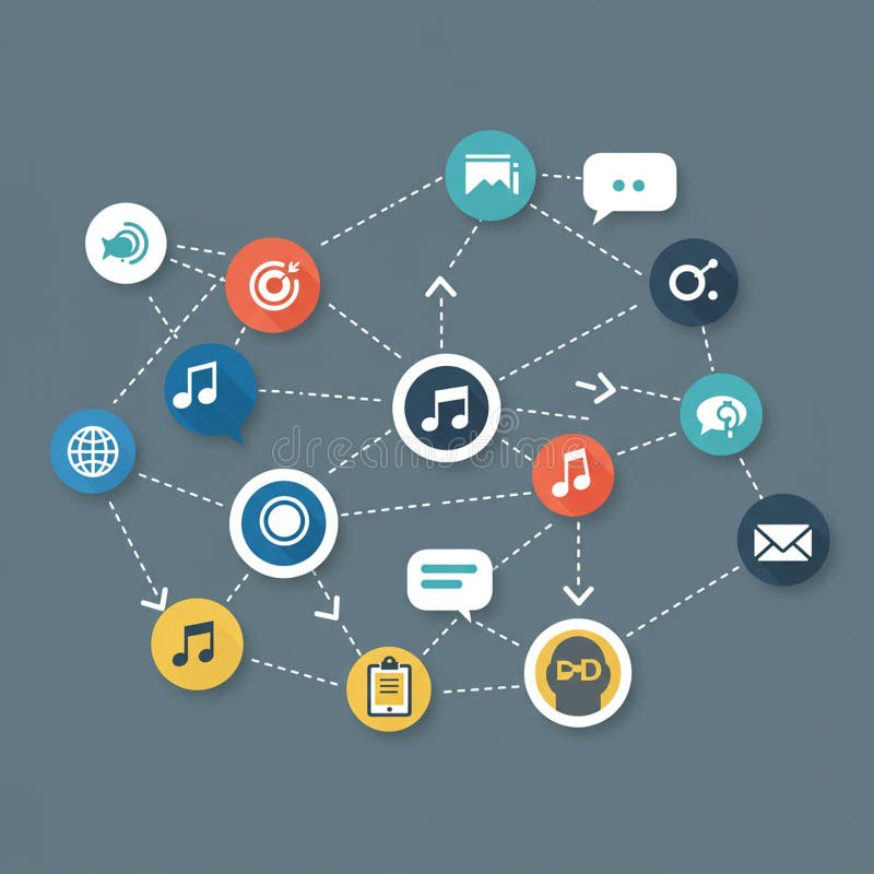 Network diagram featuring colorful circular icons on a blue background, connected by royalty free illustration