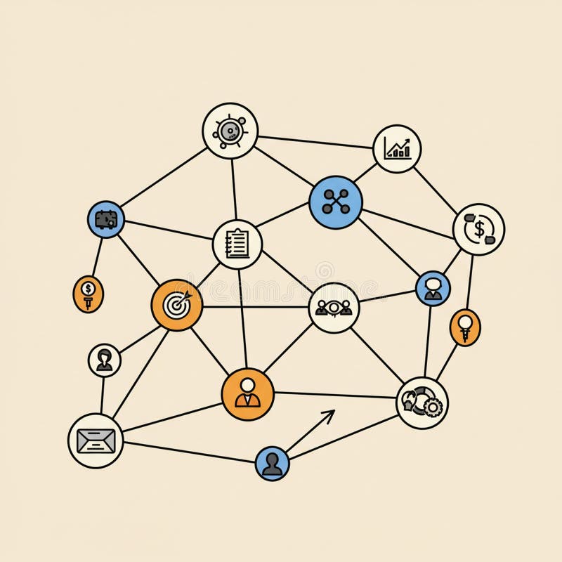 Network diagram featuring interconnected circles with various icons, illustrating vector illustration