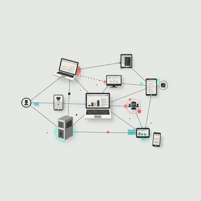 Network diagram illustrating interconnected devices like laptops, tablets, and vector illustration