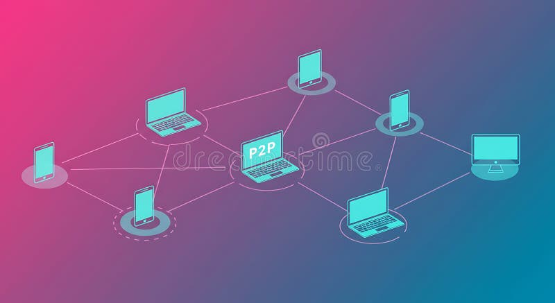 Network diagram illustrating a peer-to-peer (P2P) system. Seven devices, including vector illustration