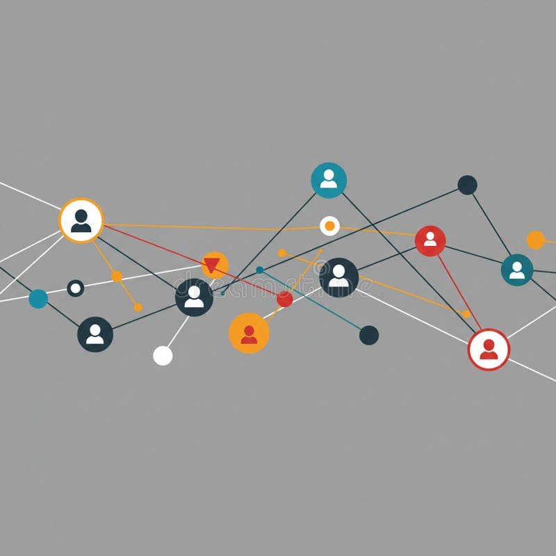 Network diagram with interconnected circles featuring user icons in varying colors: stock illustration
