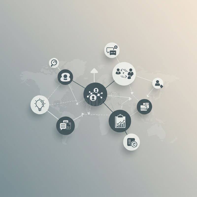 Network diagram with interconnected circular icons on a world map background. vector illustration