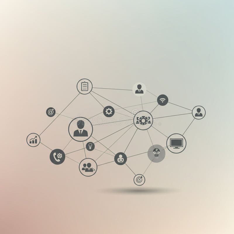 Network diagram with interconnected icons representing various concepts. Central vector illustration