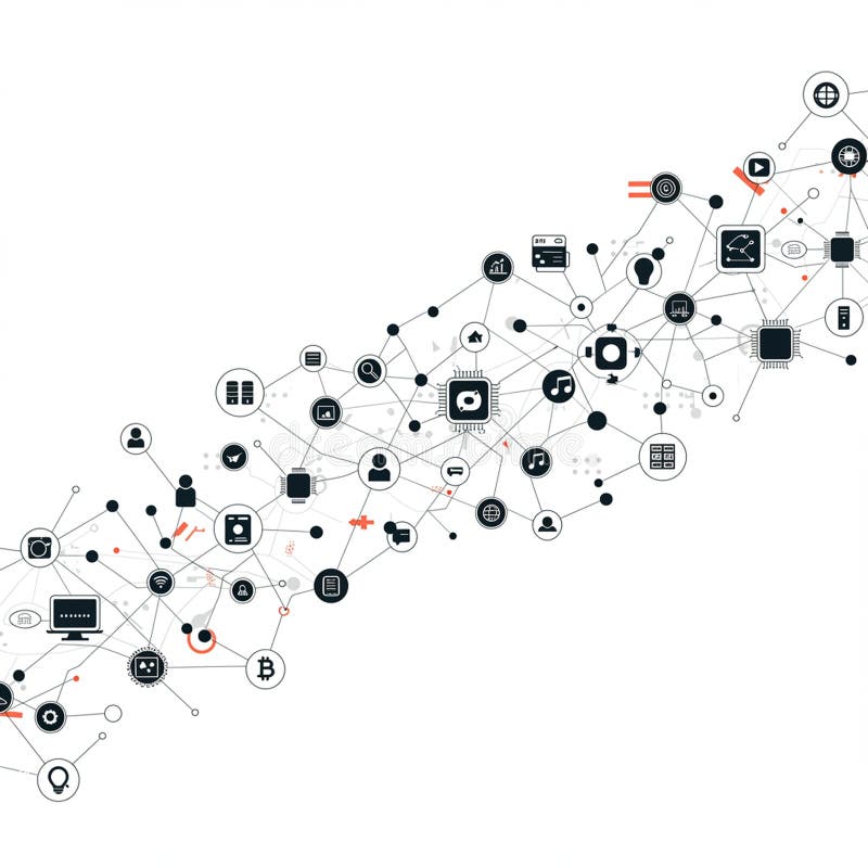 Network diagram with interconnected nodes and icons representing various vector illustration