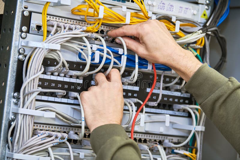 Network Engineer Admin Works with Server Equipment Stock Photo Image