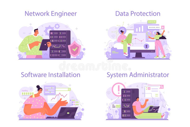 Network engineer concept set. Specialist setting up, developing stock illustration
