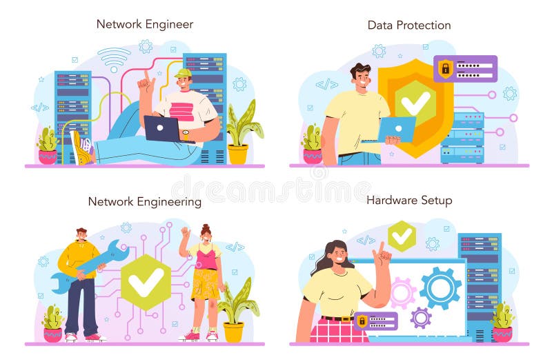 Network engineer concept set. Specialist setting up, developing stock illustration