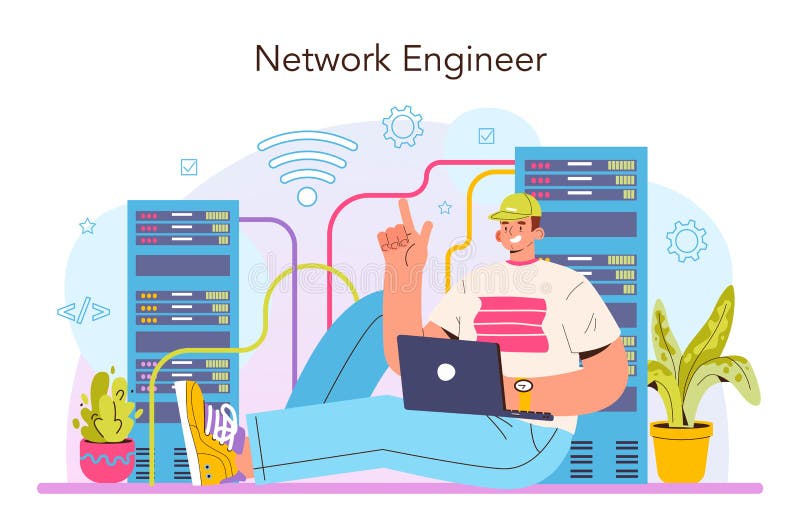 Network engineer concept. Specialist setting up, developing stock illustration