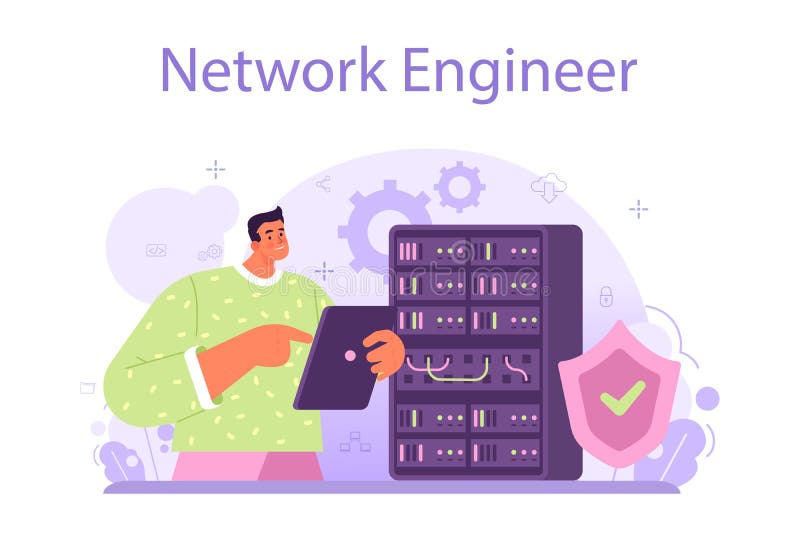 Network engineer concept. Specialist setting up, developing stock illustration