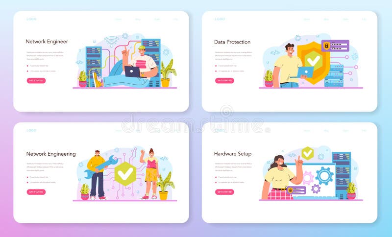 Network engineer web banner or landing page set. Specialist setting up vector illustration
