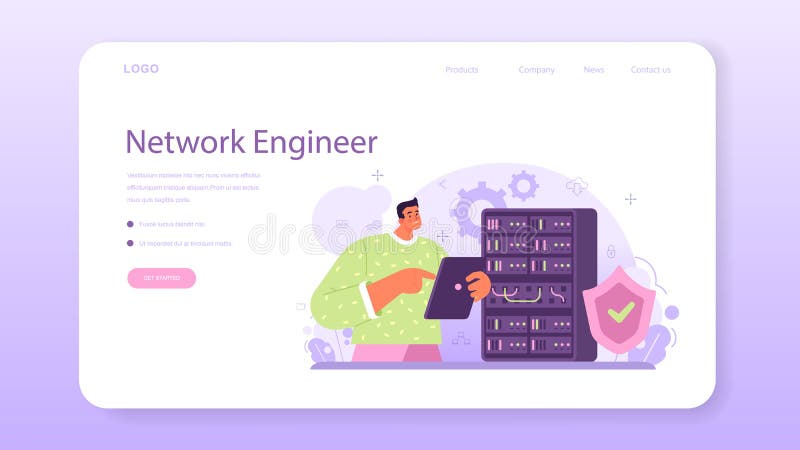Network engineer web banner or landing page. Specialist setting up stock illustration