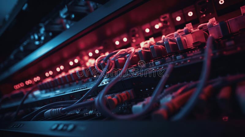 Network equipment panel with cables and wires on it. Generative Ai vector illustration