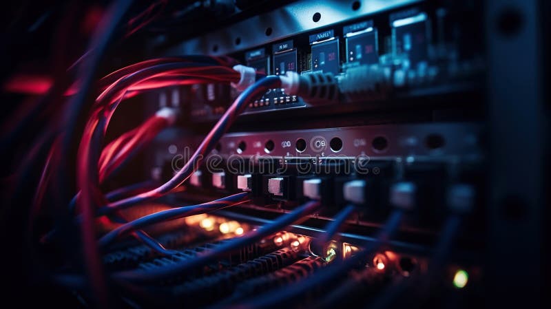 Network equipment panel with cables and wires on it. Generative Ai vector illustration