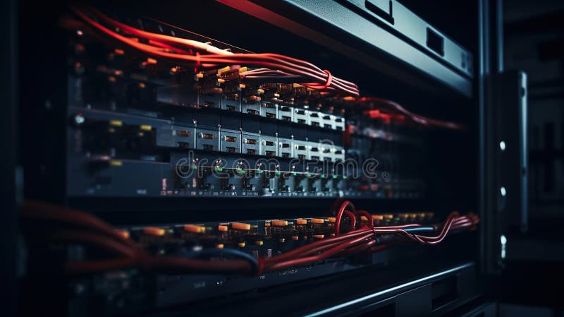 Network equipment panel with cables and wires on it. Generative Ai stock illustration