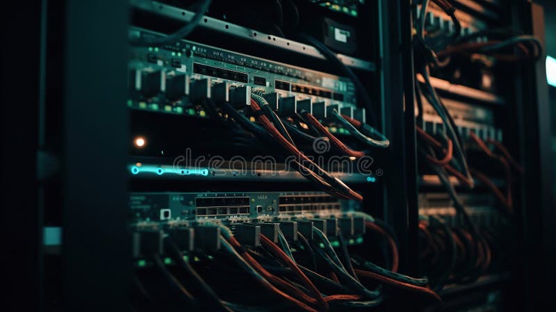 Network equipment panel with cables and wires on it. Generative Ai royalty free illustration