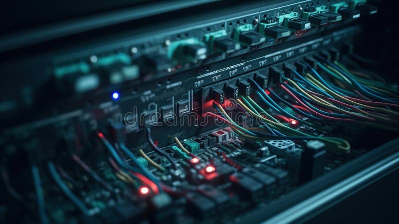 Network equipment panel with cables and wires on it. Generative Ai stock illustration