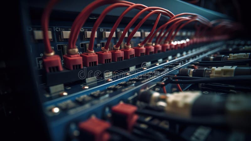 Network equipment panel with cables and wires on it. Generative Ai royalty free illustration