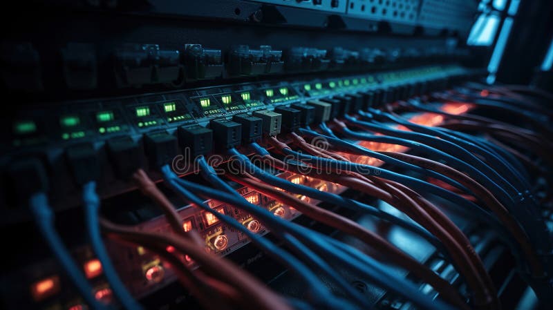 Network equipment panel with cables and wires on it. Generative Ai royalty free illustration
