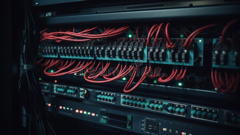 Network equipment panel with cables and wires on it. Generative Ai royalty free illustration