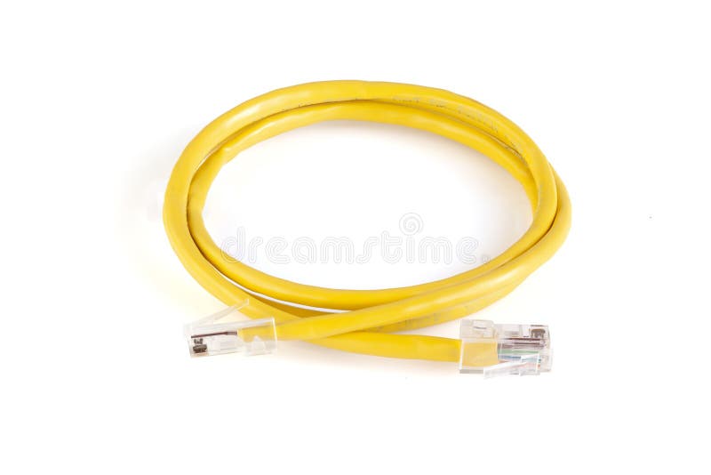 Network ethernet cable with RJ45 connectors isolated on white background. UTP Cable or LAN Cable. yellow color on white background. Close-up