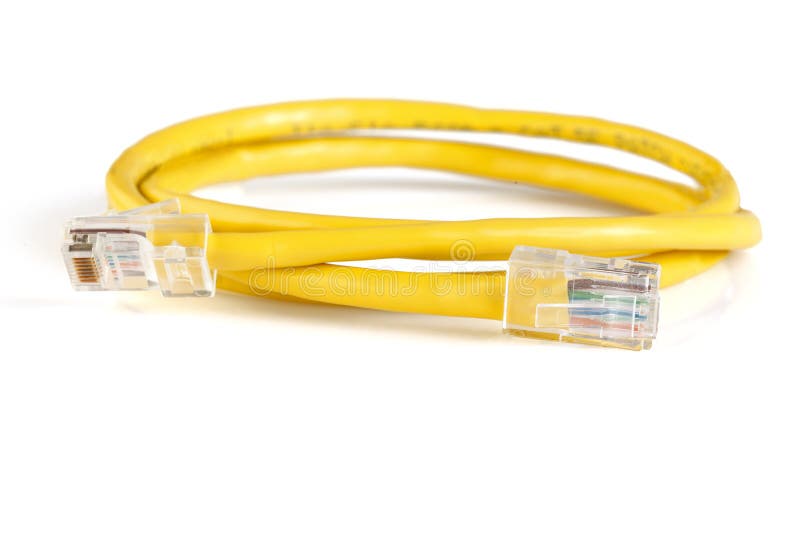 Network ethernet cable with RJ45 connectors isolated on white background. UTP Cable or LAN Cable. yellow color on white background. Close-up