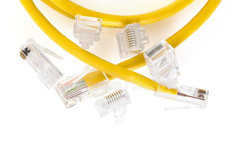 Network ethernet cable with RJ45 connectors isolated on white background. UTP Cable or LAN Cable. yellow color on white background. Close-up