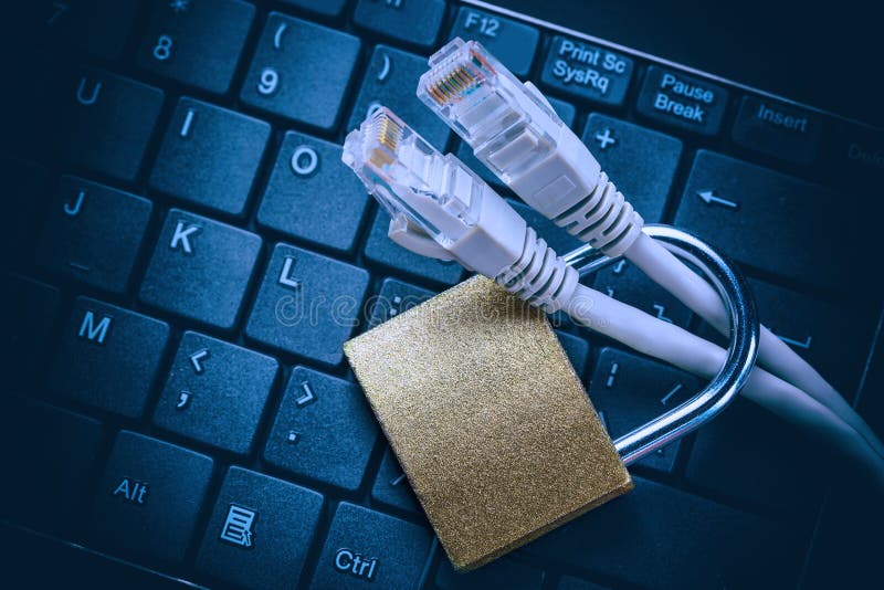 Network ethernet cables in padlock on black computer keyboard. Internet data privacy information security concept. Toned image royalty free stock photography Network ethernet cables in padlock on black computer keyboard. Internet data privacy information security concept. Toned image royalty free stock photography