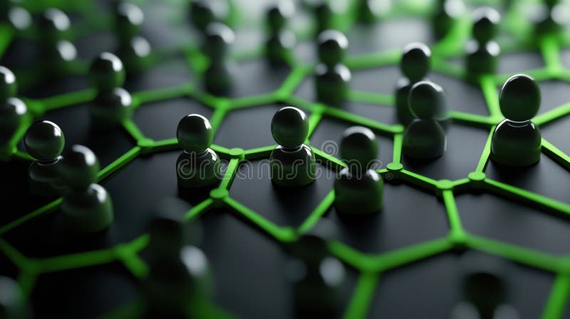 Network of figures connected by green lines, representing social connections and collaboration. AI generated